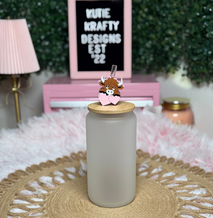 Valentine Highland Cow Straw Topper